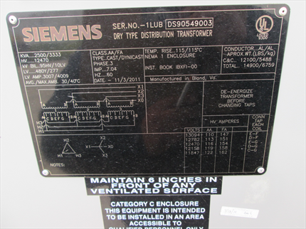 2500 KVA Siemens Cast Coil Transformer