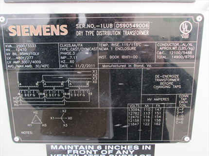 2500 KVA Siemens Cast Coil Transformer